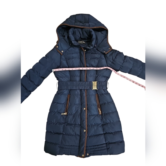 Ellen Rose Women's Navy Quilted Belted Puffer Coat Hooded Long Size M Classic - Picture 6 of 7